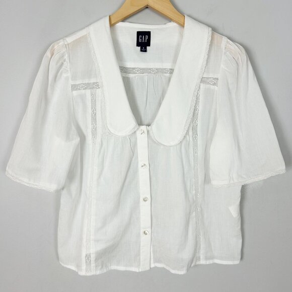 Gap Lace Trim Collared Button Down Shirt Boho Cottage Peasant Size Small Women's - Picture 1 of 4